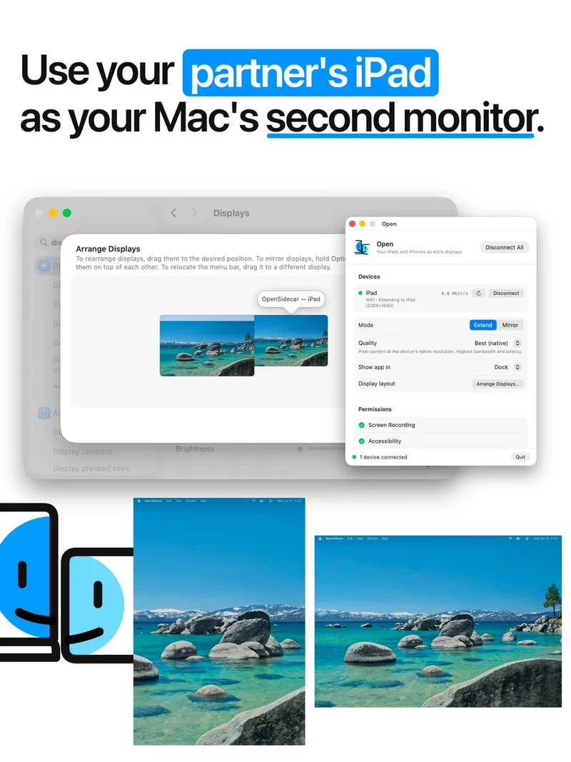 OpenDisplay Mac 主窗口:Devices 列表显示 iPad 已连接 Extend 模式,Permissions 里 Screen Recording/Accessibility 已授权,下方示意 macOS 桌面延伸到 iPad