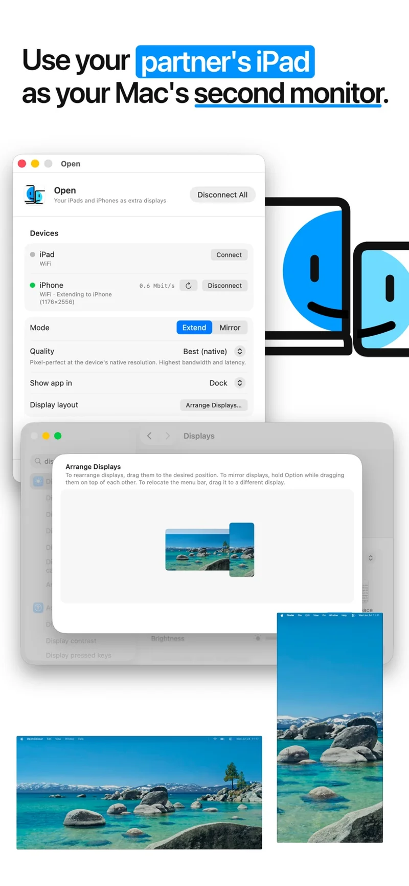 OpenDisplay Mac 主窗口:iPad 与 iPhone WiFi 列表、码率 0.6 Mbit/s、Mode Extend/Mirror、Quality Best native、Show app in Dock 设置