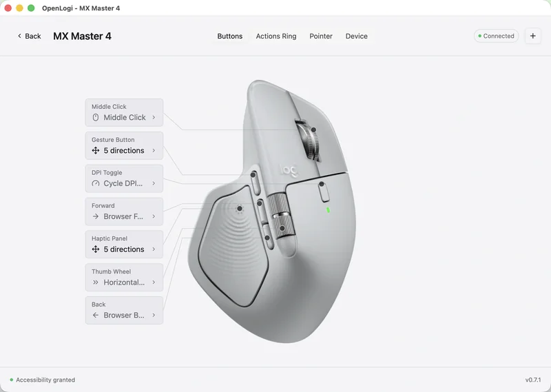 OpenLogi Mac 版主界面,鼠标图示上可逐键绑定动作