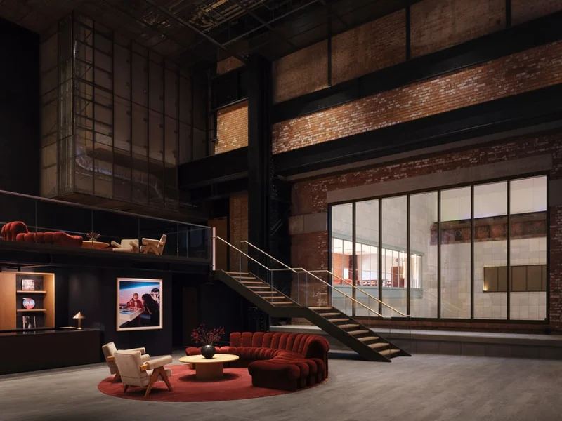 Apple Music Hall 的门厅，设休息座位区与大屏幕，并有通往上层的楼梯。