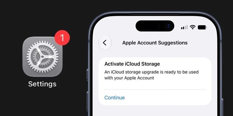 iPhone 设置应用的图标上挂着一枚红色数字标记，屏幕上同时显示启用 iCloud 储存的提示弹窗。