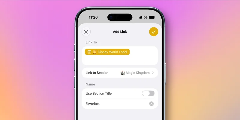 iOS 27 备忘录里选中文字后出现链接至章节选项的截图。