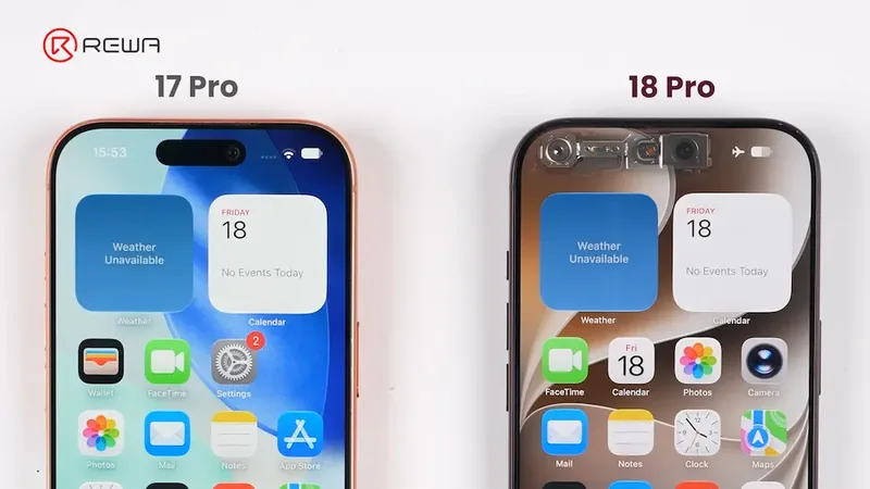 17 Pro 与 18 Pro 屏幕正面对比,18 Pro 顶部开孔更小。图片来源:MrMad 瘋先生(拆解图:REWA Technology)
