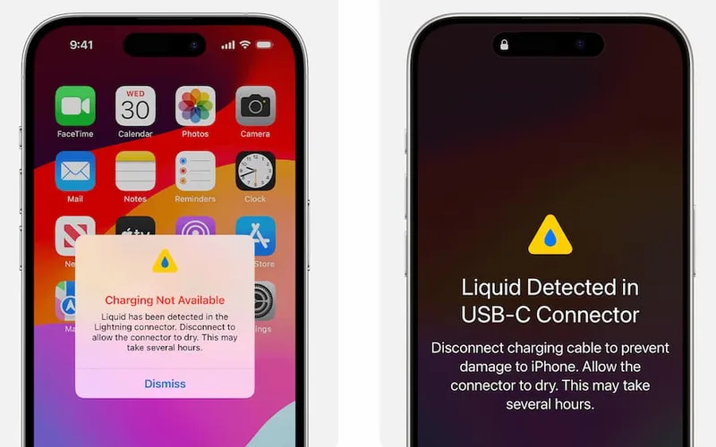 iPhone 的液体侦测警告:Lightning 与 USB-C 两种提示形态。图片来源:MrMad 瘋先生