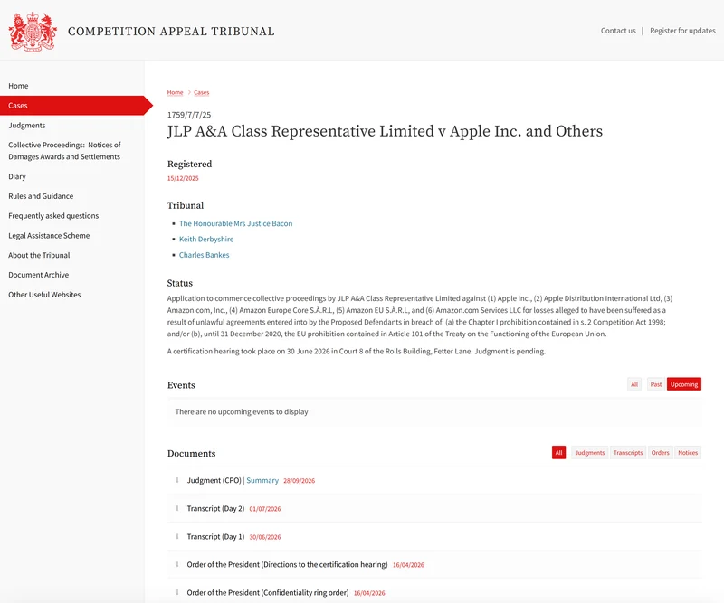英国竞争上诉法庭案件页面截图，显示 JLP A&A 诉苹果与亚马逊案
