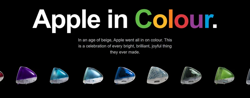 Apple in Colour 网站页面，彩色 Apple 字样与一排彩色 iMac