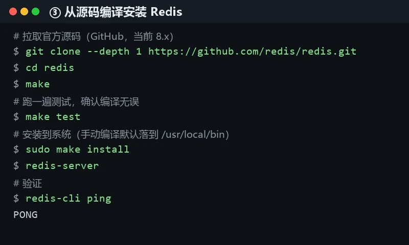 通过源码编译安装 Redis 的关键命令