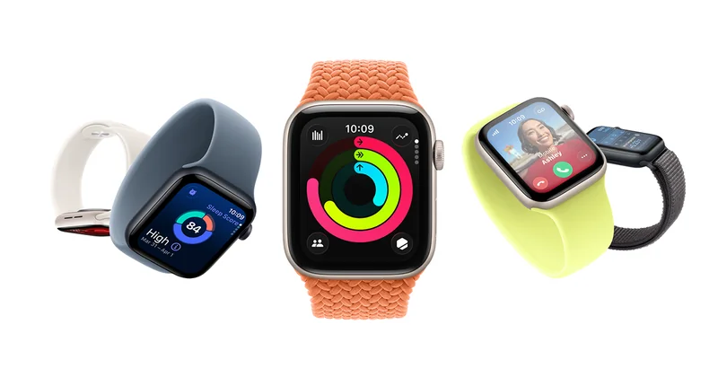 Apple Watch SE 3 三种表带颜色并列，屏幕显示活动圆环与睡眠数据
