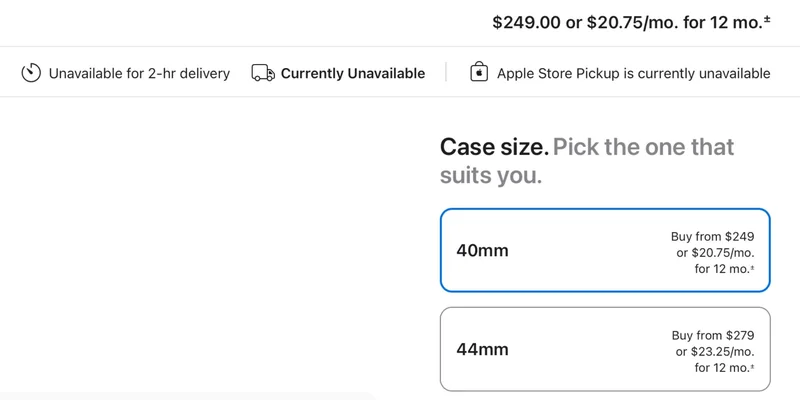 苹果官网 Apple Watch SE 3 商品页截图显示 Currently Unavailable 与 Apple Store Pickup is currently unavailable