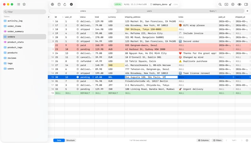 TablePro 主界面:左侧是表与视图列表,顶部工具栏显示当前连接为本地 MariaDB 与用户名,主区域是带行编辑状态着色的数据网格