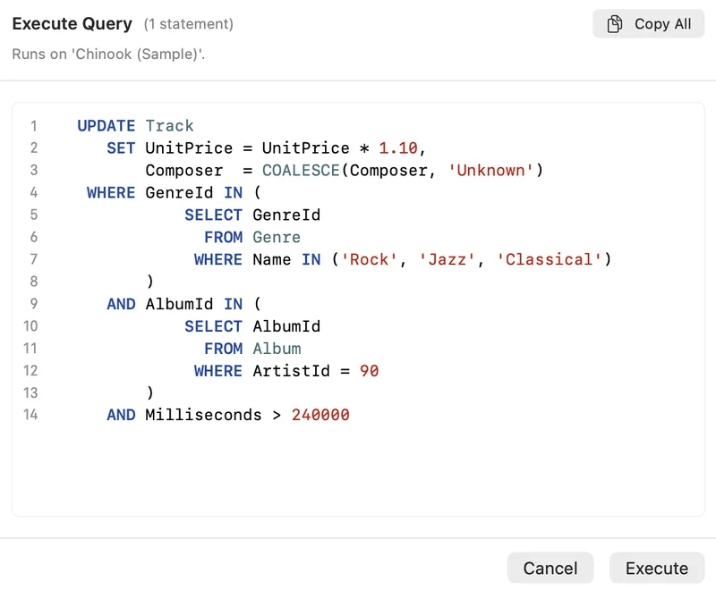 TablePro 执行前确认弹窗,标题为 Execute Query,正文列出待执行的 UPDATE 语句并高亮参数,底部是 Cancel 与 Execute 按钮