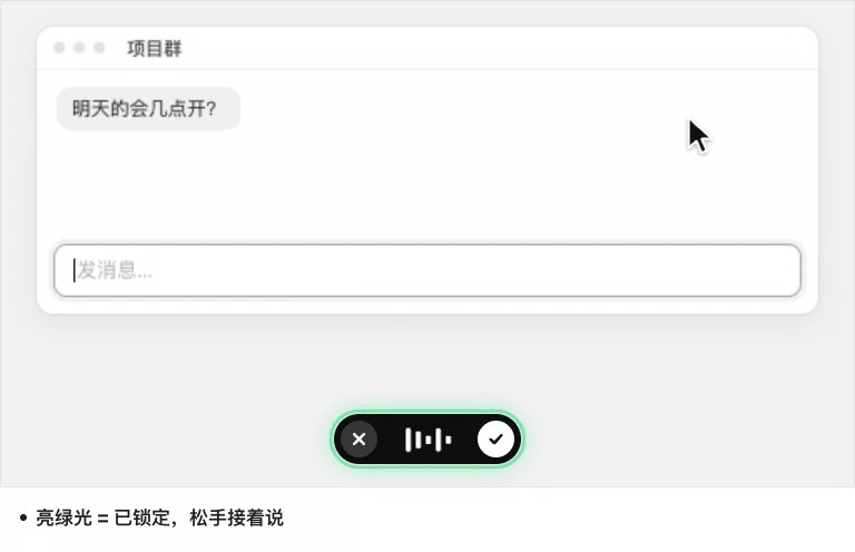 Typefree 在输入框里按住鼠标说话，松开后整理好的文字自动输入；向下拖可锁定，拖远取消