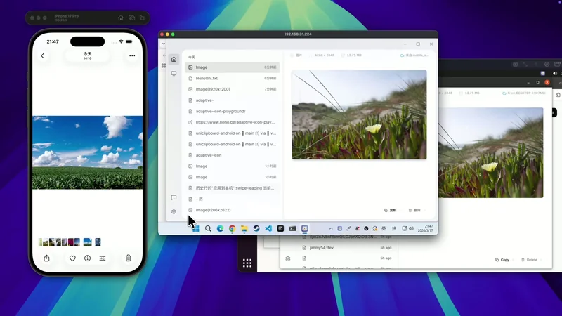 UniClipboard 官方演示图:iPhone 选中图片后,Windows 电脑和 macOS 同时出现同一条剪贴板历史,跨设备同步即时生效