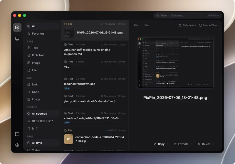 UniClipboard 在 macOS 上的主界面,左侧按类型、标签、来源、时间过滤,中间是剪贴板历史,右侧是选中条目的预览面板