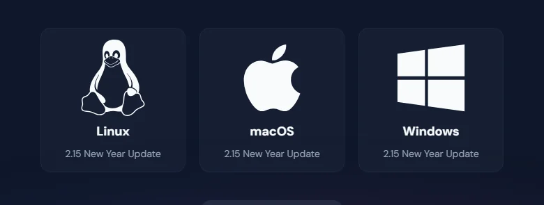 Upscayl 官网下载页并排的 Linux、macOS、Windows 三个平台下载卡片,均标注 2.15 New Year Update