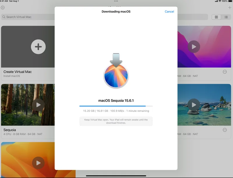 Virtual Mac on iPad 下载 macOS 安装文件的界面