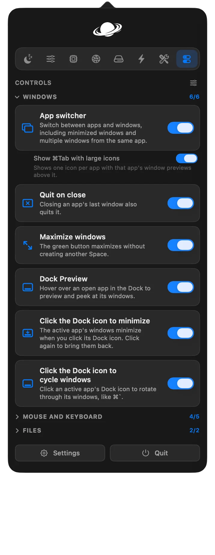 Vorssaint 窗口控制面板:App 切换器与 Dock 相关功能