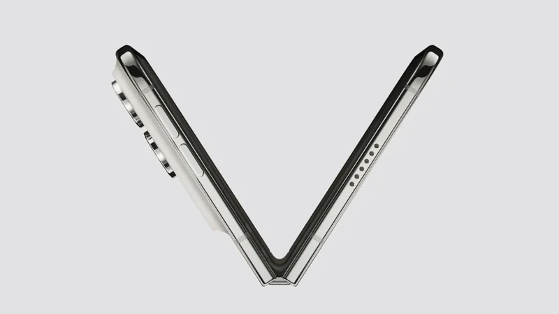 iPhone Duo 以 V 形半展开角度竖立在浅灰背景前