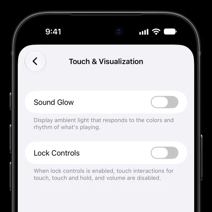 家庭 App 中 HomePod 的触控与可视化设置界面,显示声波光晕与锁定控制两个开关