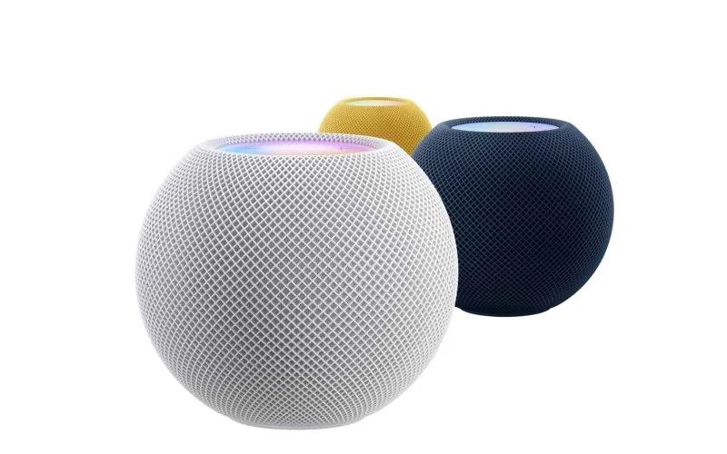 苹果官方 HomePod mini 三色渲染图,白色、深蓝色与黄色并列