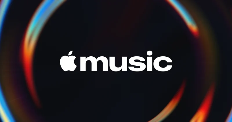 Apple Music 全新品牌官方视觉,深色背景上白色苹果标志与全小写 music 文字,周围有声波状光轨