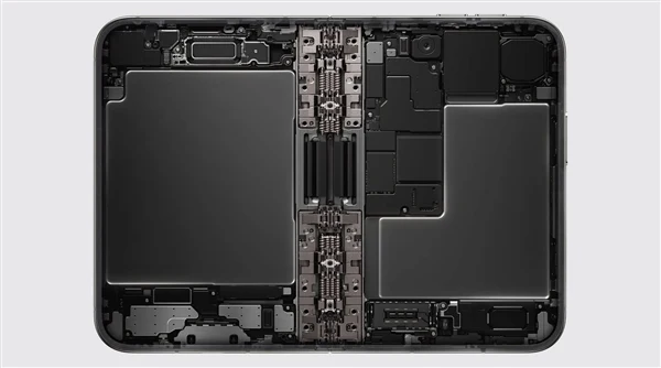 iPhone Duo 机身内部结构图,中央是铰链模组,两侧是电池与主板