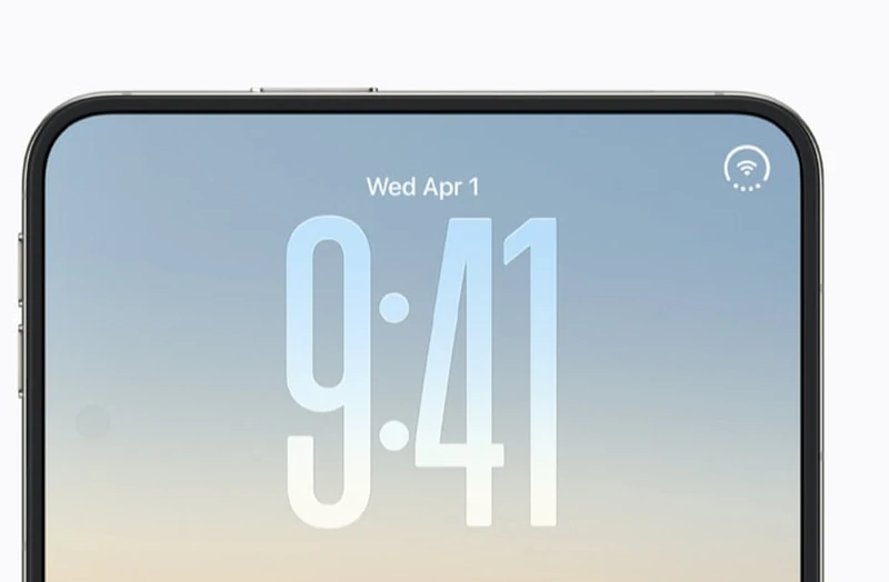 iPhone Duo 内屏顶部正视图，状态栏与时间上方是一条完整的屏幕边缘，没有开孔、刘海或药丸形挖孔