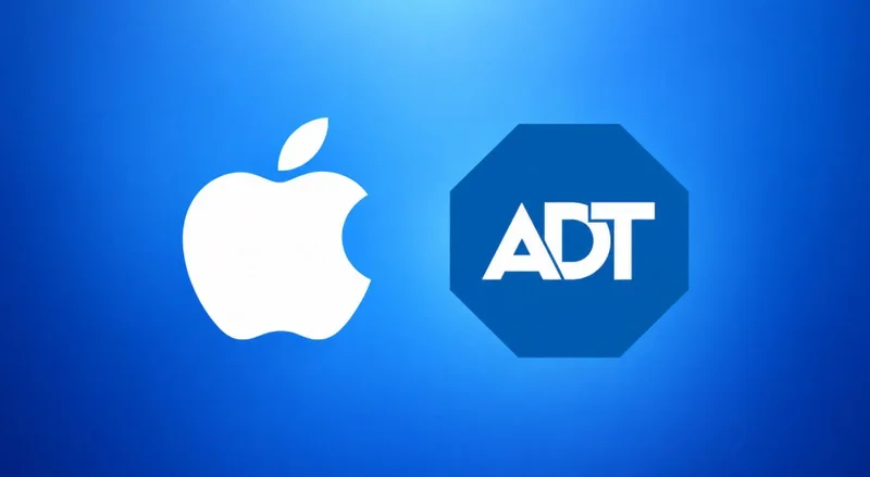 蓝色渐变背景上并排放置白色苹果标志与深蓝色八边形 ADT 标志