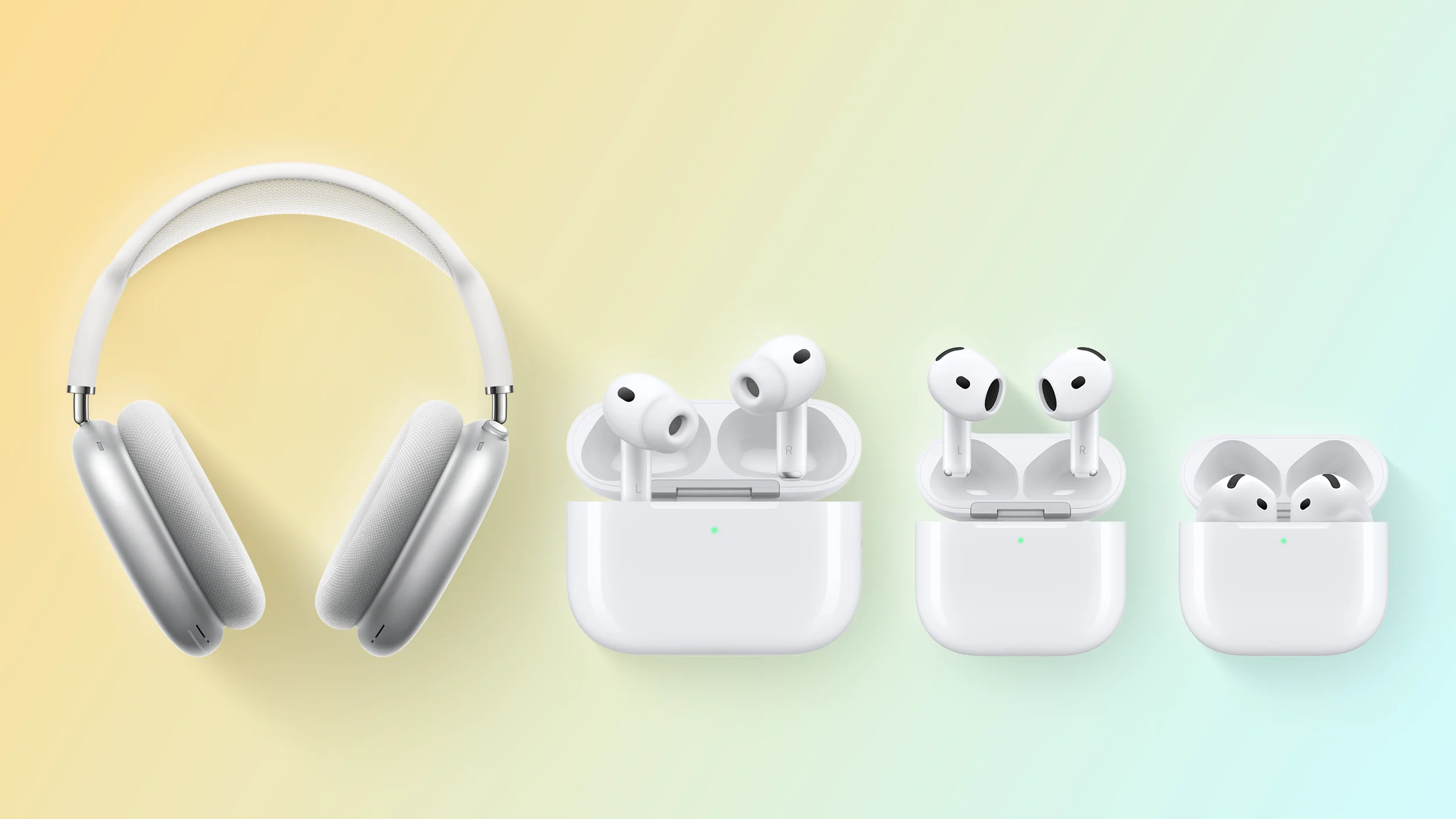 AirPods 全系官方产品图：AirPods Max、AirPods Pro 与标准版 AirPods 三款并列，浅黄到浅绿渐变背景
