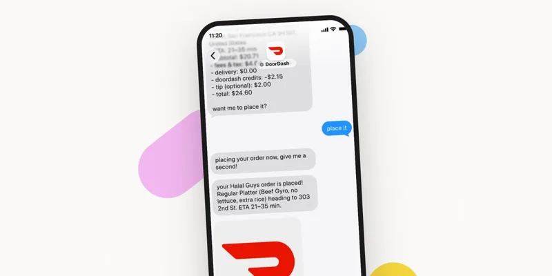 DoorDash 官方演示截图，信息 App 聊天线程中 AI 报价并确认下单