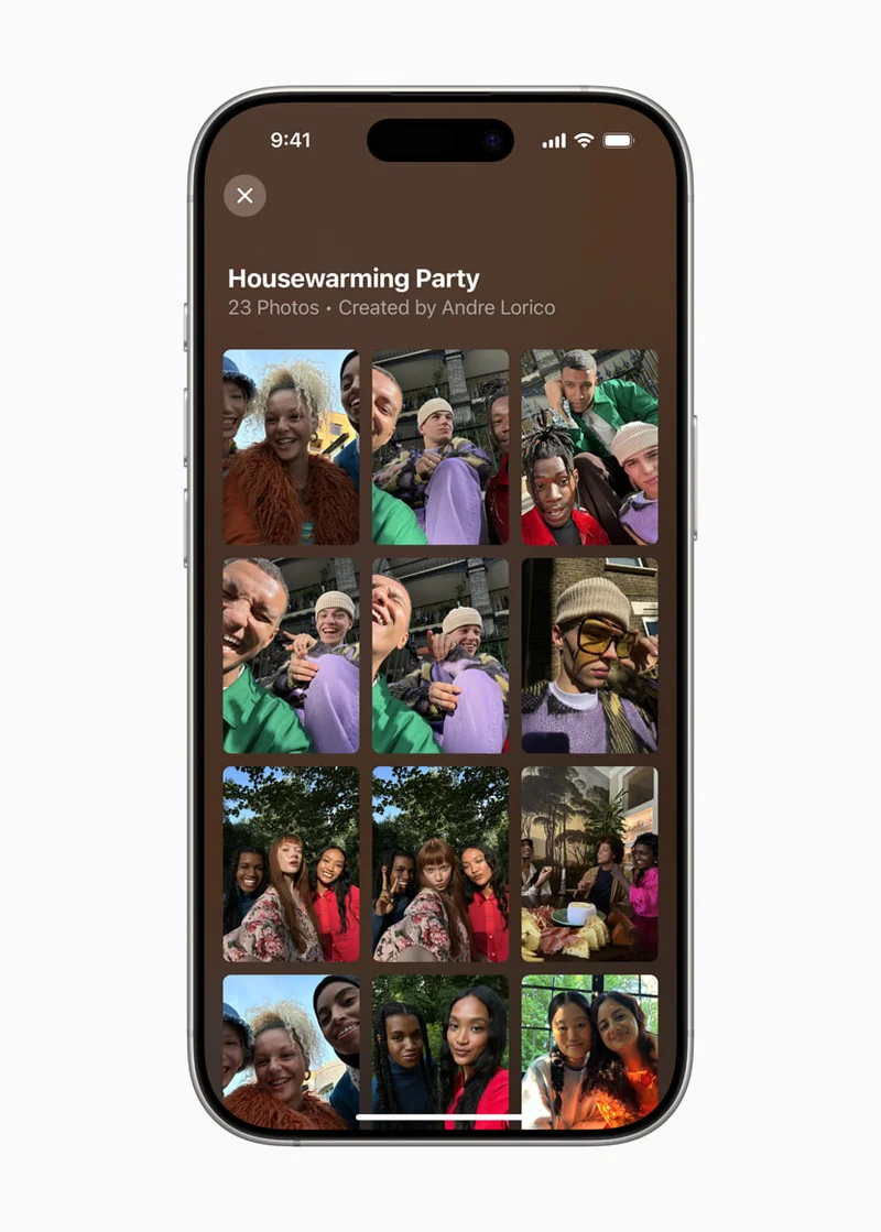 Apple Invites 活动页的共享相簿视图，网格中排列着宾客上传的聚会照片