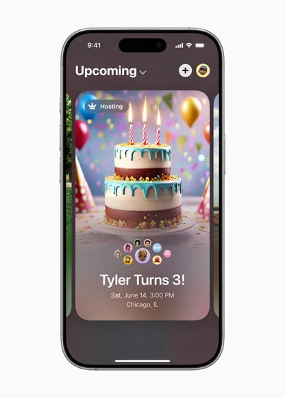 iPhone 屏幕上显示由 Image Playground 生成背景的生日邀请函