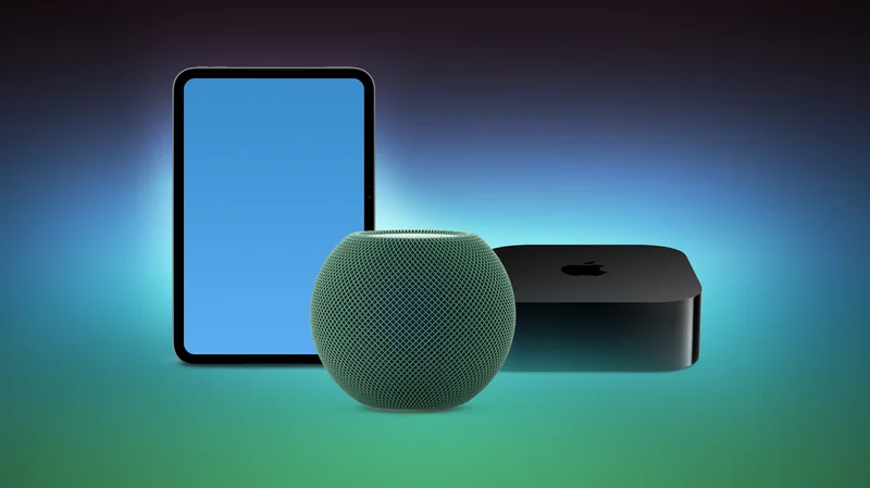 深蓝渐变背景中的 iPad、HomePod mini 与 Apple TV 新品爆料形象