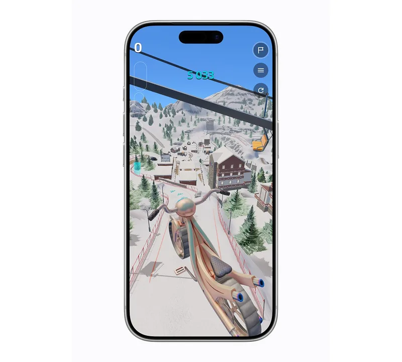 iPhone 上运行的 Touchgrind BMX 2+ 画面,雪地赛道与一辆金色 BMX 车