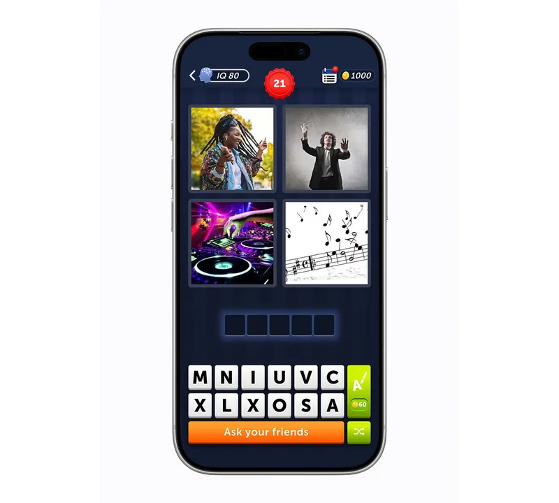 iPhone 上运行的 4 Pics 1 Word+ 画面,四张与音乐有关的图片和字母键盘
