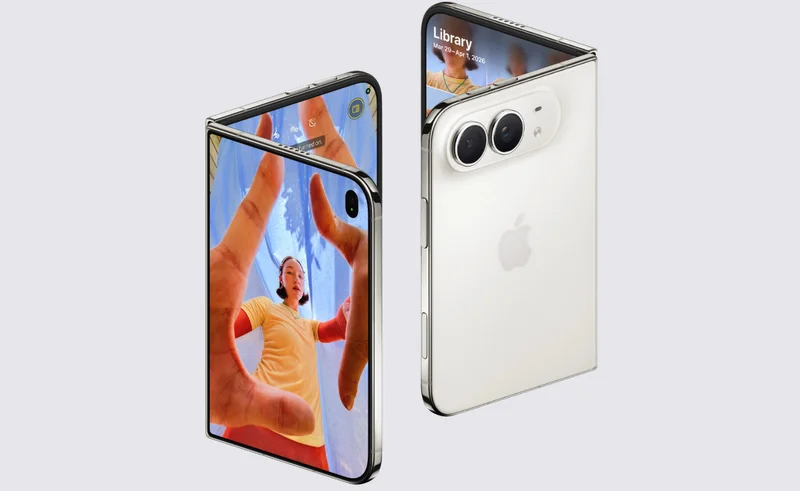 白色 iPhone Duo 半开,内屏显示相机取景画面,外屏显示照片图库