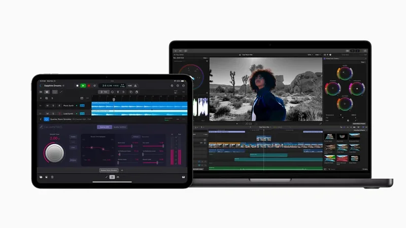 Mac 与 iPad 上运行的 Final Cut Pro 界面,显示多轨道时间线与调色工具