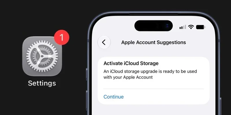 iPhone 设置应用图标带红色数字标记,屏幕显示 Apple 账户建议页面