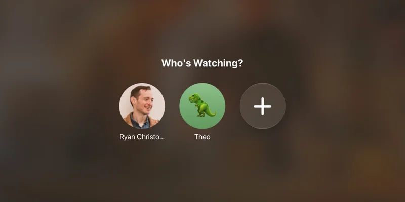 Apple TV App 的 Who's Watching 档案选择界面,显示两个用户头像与添加按钮