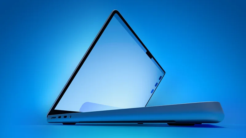 蓝色背景下的 MacBook 侧视图,展示机身接口与铰链设计