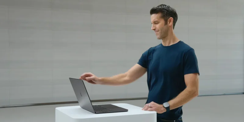 一名男子站在展示台旁,手伸向台上的 MacBook,为发布会视频画面