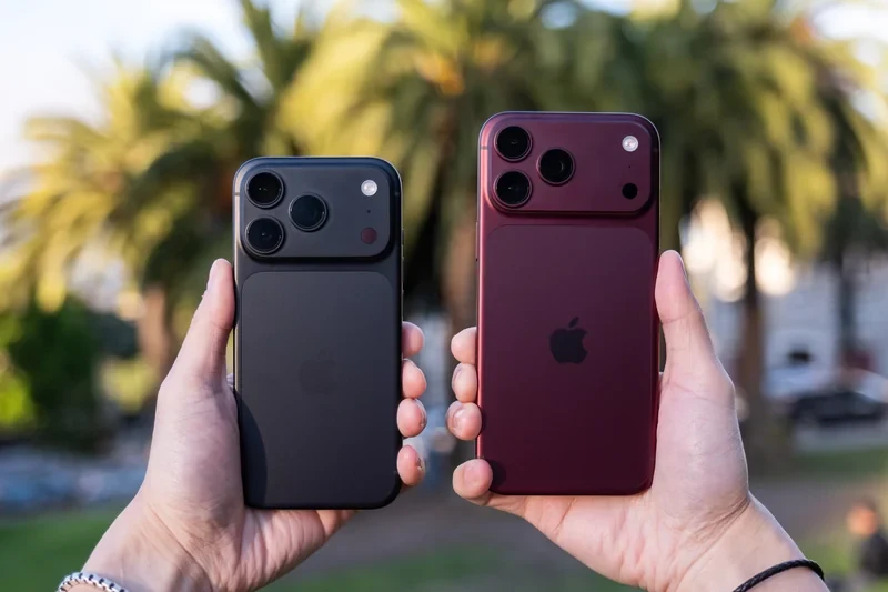 双手各持一台 iPhone 18 Pro 真机,分别为黑色与暗红色,展示机背相机模组