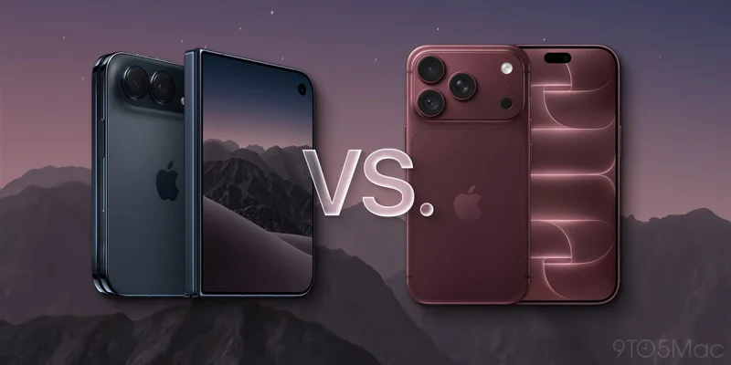 iPhone Duo 与 iPhone 18 Pro Max 渲染图对比,中间标注 VS 字样