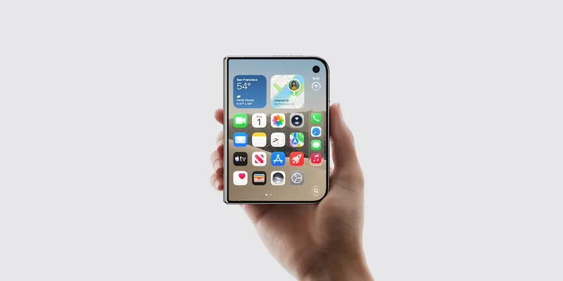 一只手握着处于折叠状态的 iPhone Duo,屏幕显示主界面