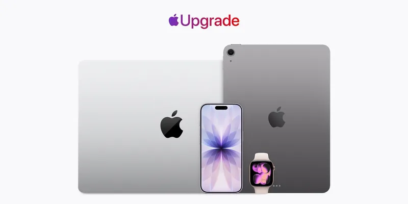 Apple Upgrade 标识,下方排列着 MacBook、iPhone、iPad 与 Apple Watch