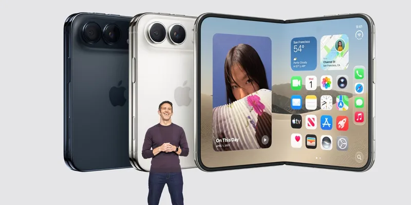 演讲者站在巨大的 iPhone Duo 屏幕展示图前介绍产品