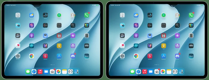 两台 iPad 主屏幕并排对比,显示顶部手势触发区域的前后差异