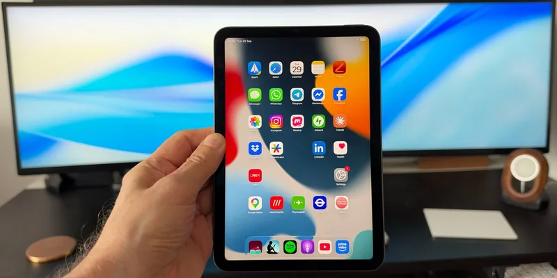 单手握持 iPad mini，屏幕上排满常用的 App 图标