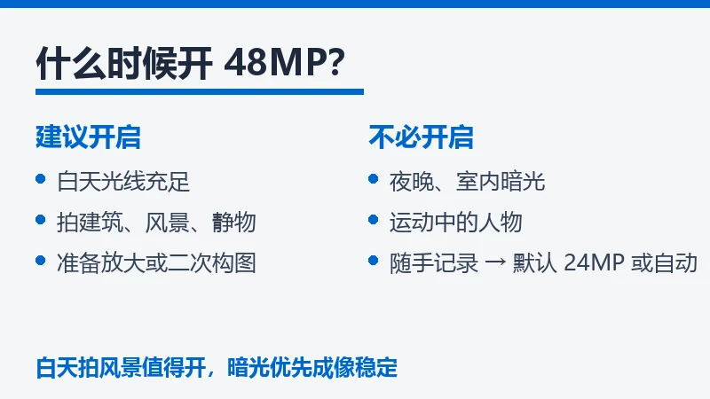 48MP 建议开启与不必开启的场景对照信息卡