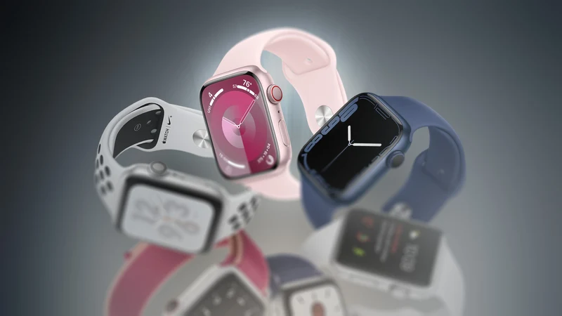 多代 Apple Watch 产品同框,不同尺寸与配色表款叠放